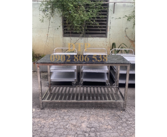 BÀN INOX ỐP ĐÁ KIM SA CÓ KỆ SONG DƯỚI