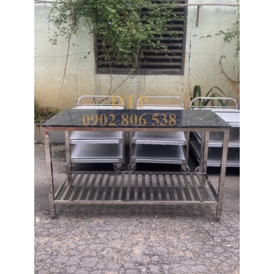 BÀN INOX ỐP ĐÁ KIM SA CÓ KỆ SONG DƯỚI